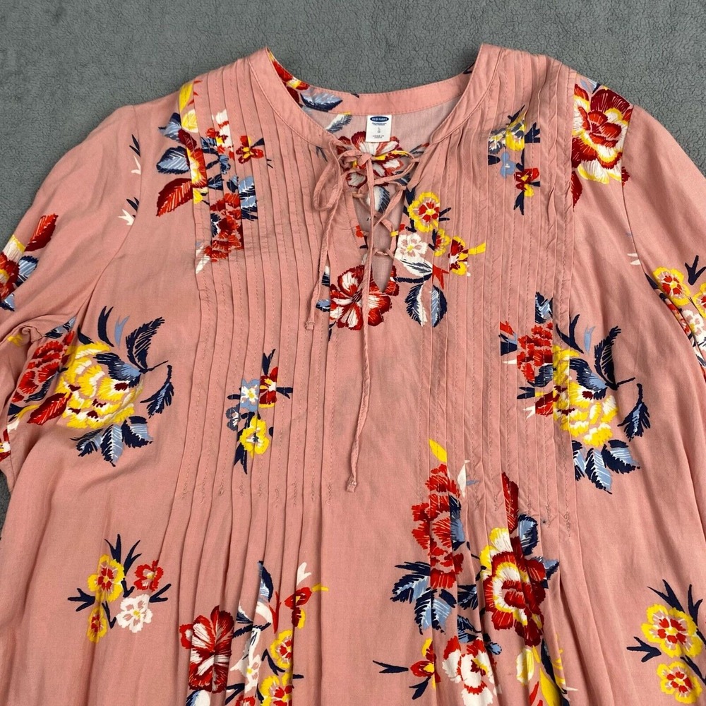 Old Navy Women's  Blush Pink Floral Blous‎ Large Long Sleeve Bow Neck Pleat - Picture 8 of 15